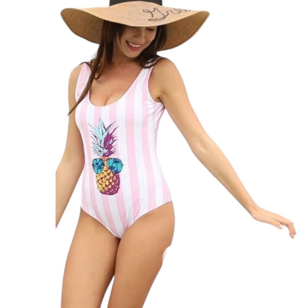 Womens Size Large bathing suit Pink white striped Pineapple  one piece swim suit